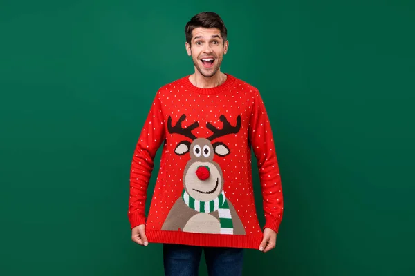 Foto retrato sorrindo homem vestindo xmas engraçado malha suéter com renas isolado cor verde fundo — Fotografia de Stock