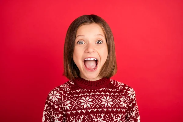 Portré vonzó őrült vidám lány visel ünnepi pulóver kiabálás elszigetelt felett élénk piros színű háttér — Stock Fotó