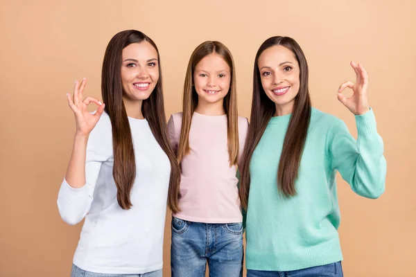 Fotografie šťastné pozitivní rodina žena, aby v pořádku znamení úsměv doporučit izolované na pastelové béžové barvy pozadí — Stock fotografie