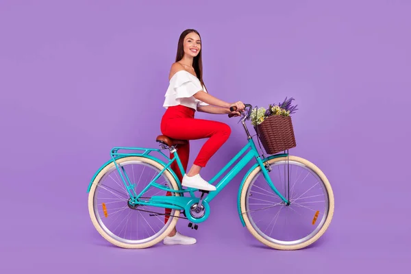 Foto de la alegre bicicleta de conducción deportiva dama entregar flores usar pantalones de blusa blanca aislado color violeta fondo —  Fotos de Stock