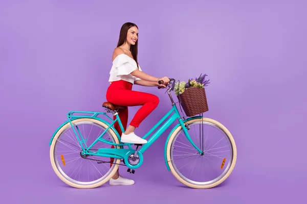 Perfil foto do sonho namorada senhora passeio de bicicleta desgaste branco blusa calças isolado cor violeta fundo — Fotografia de Stock