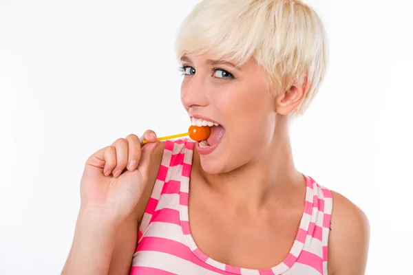 Girl with lollipop smiling — Stock Photo, Image