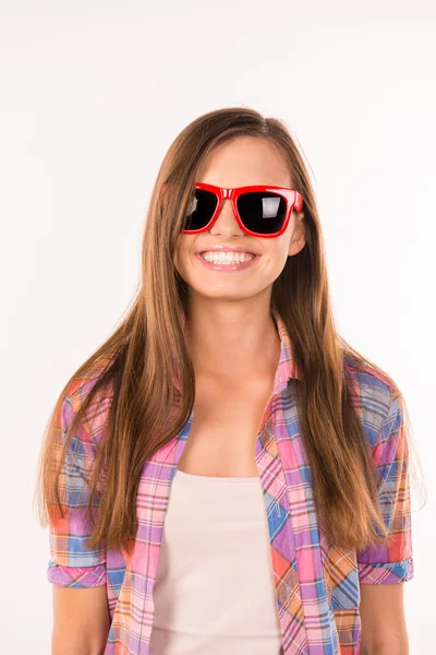 Girl with funny glasses smiling — Stock Photo, Image