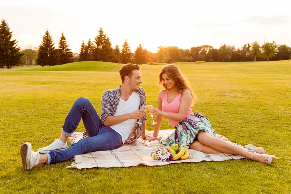 Prosit! Jonge man en vrouw op picnic — Stockfoto