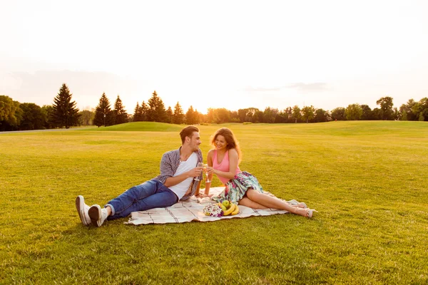 Skål! Ung man och kvinna på picknick — Stockfoto