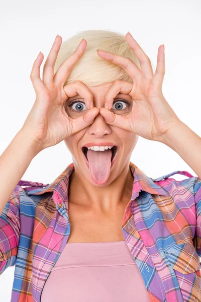 Girl imitating glasses with her hands — Stock Photo, Image