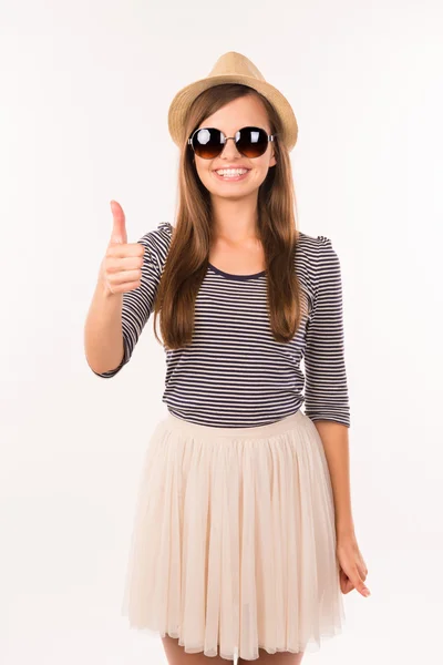 Cute girl with hat showing  thumbs up — Stock Photo, Image