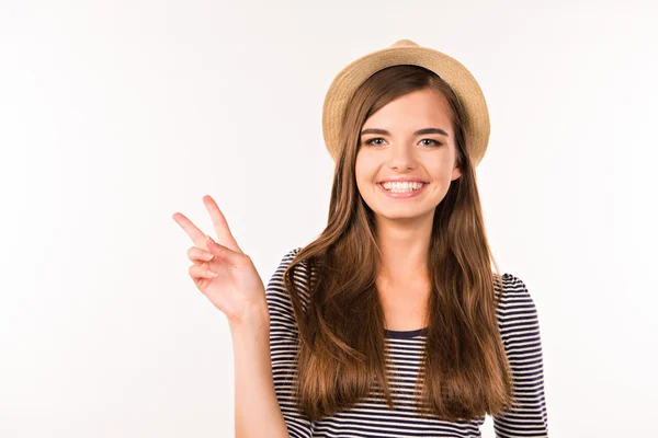 Cheerful cute girl smiling and gesturing — Stock Photo, Image
