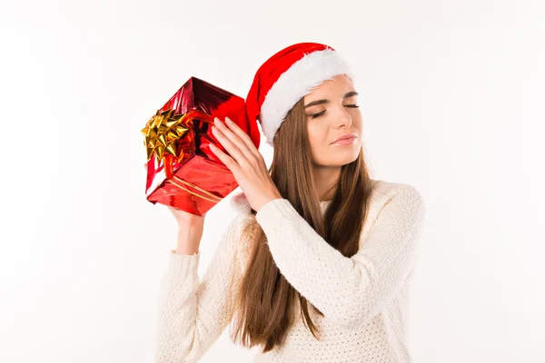 Menina alegre em Papai Noel com presentes — Fotografia de Stock