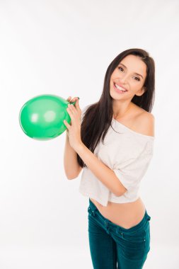 happy young woman smiling with green balloon clipart