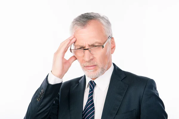 Portrait of stressed businessman with headache over white backgr — Stock Photo, Image