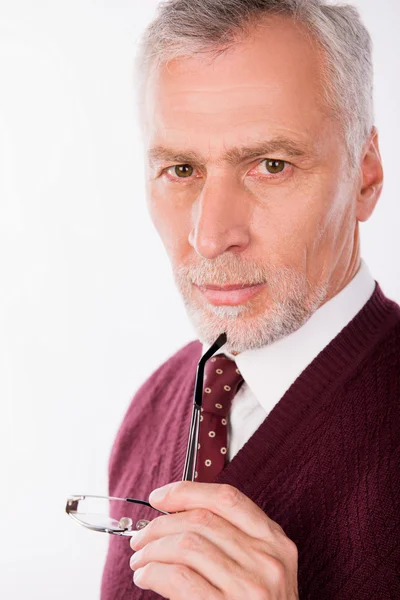 Portrait of old handsome businessman in an elegant suit with gla — Stock Photo, Image