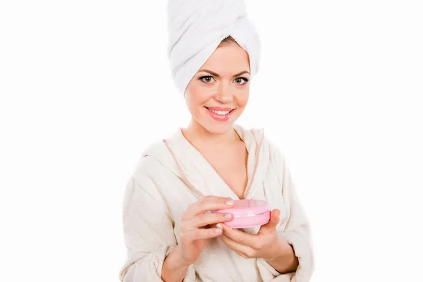 Szép csinos lány fürdőszoba gazdaság kozmetikai jar — Stock Fotó