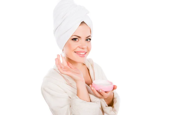 Cute nice girl with cream in her hands in salon — Stock Photo, Image
