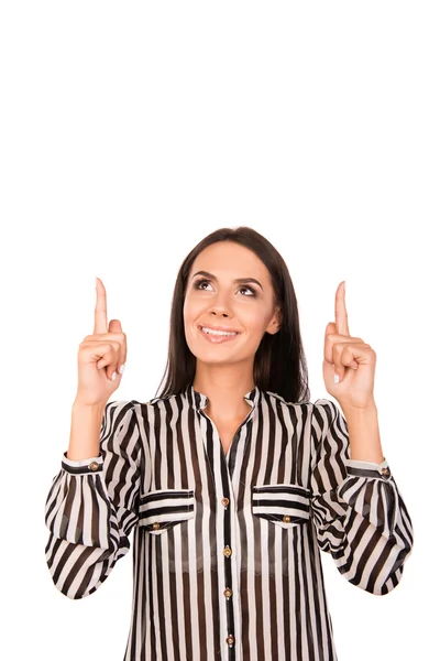 Sonriendo feliz bonita mujer de negocios señalando hacia arriba —  Fotos de Stock