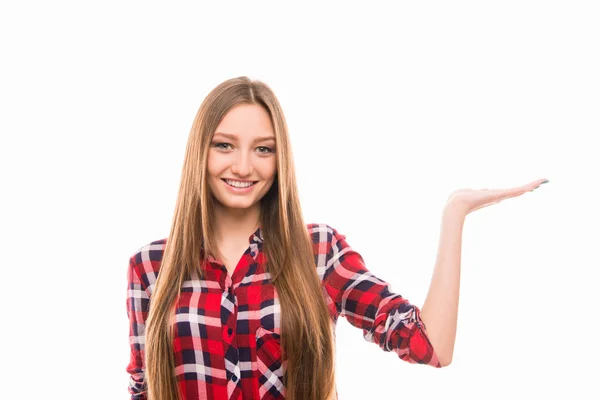 Retrato de niña sonriente con la palma abierta — Foto de Stock