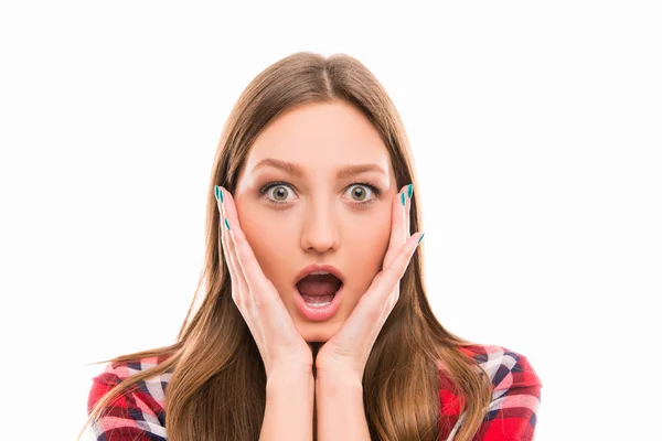 Portrait of surprised girl with raised eyebrows — Stock Photo, Image