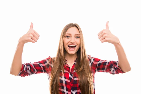 Emocionado joven mostrando gesto pulgares hacia arriba —  Fotos de Stock