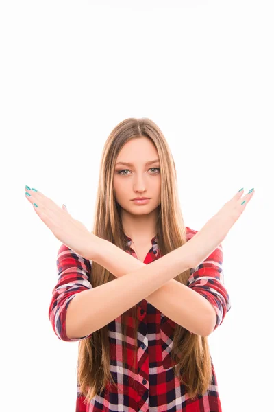 Um retrato de menina estrita com gesto proibido — Fotografia de Stock