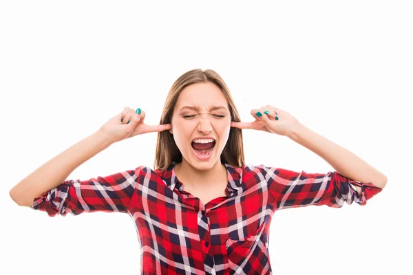 A portrait of angry girl  stoping ears — Stock Photo, Image