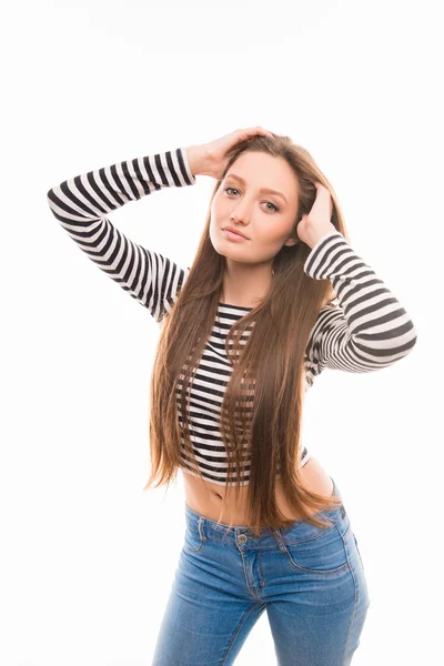 Pretty girl in striped blouse posing on white background — Stock Photo, Image