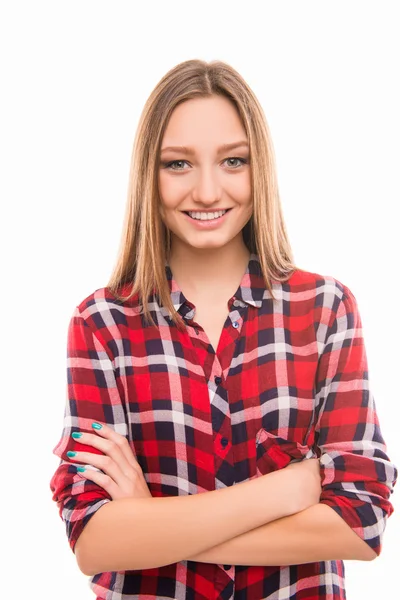 A full-view portrait of pretty girl with crossed hands Royalty Free Stock Photos