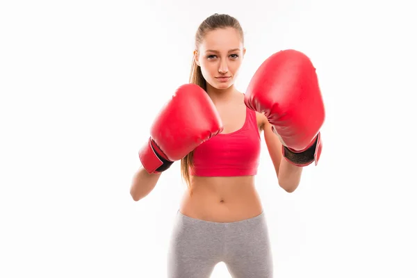 Portrait of slim young sexy girl in boxing gloves — Stock Photo, Image