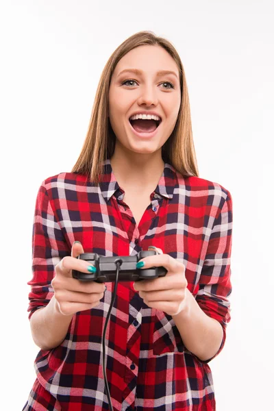 Portrait de fille souriante avec console de jeux — Photo