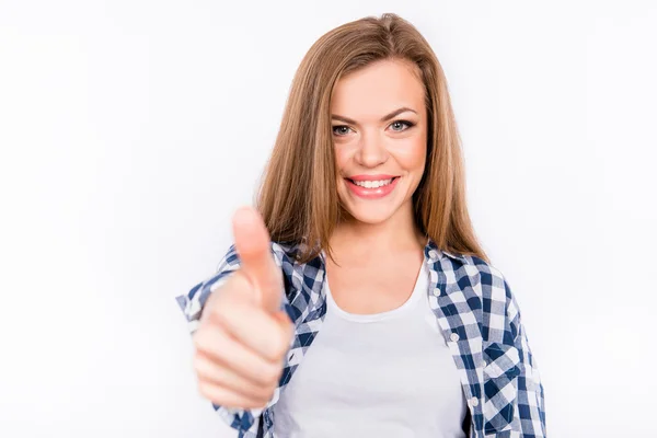 Menina sorridente feliz mostra polegar para cima por uma mão — Fotografia de Stock