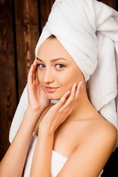 Young pretty cute girl with towel on her head — Stock Photo, Image
