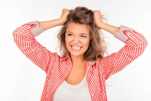 Retrato de chica loca sosteniendo su cabello —  Fotos de Stock