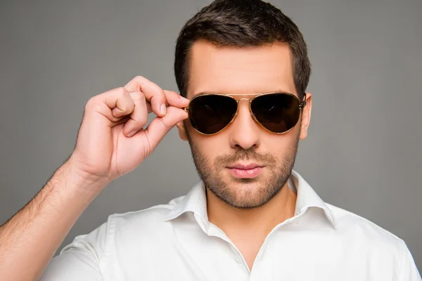 Close up photo of preety  man touching spectacles — Stock Photo, Image