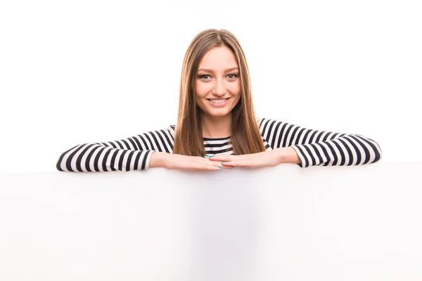 Nice girl with bbig poster on white background — Stock Photo, Image