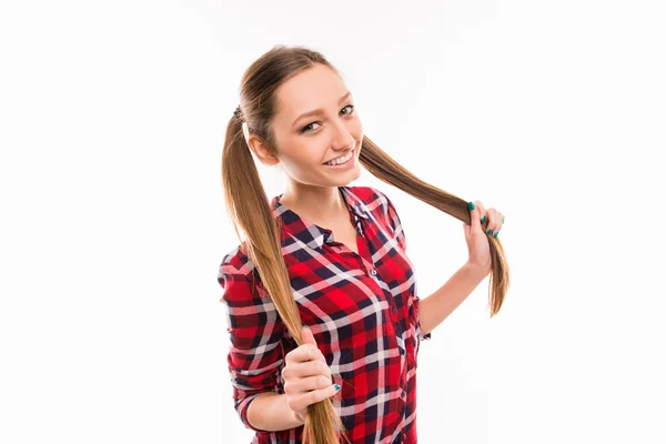 Portrait of funny girl with long bunches — Stock Photo, Image
