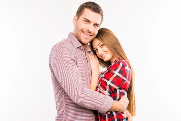 Fechar foto de casal abraço alegre no amor — Fotografia de Stock