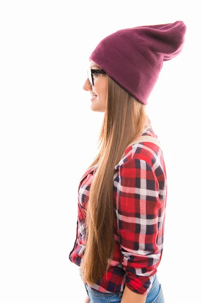 Side view photo of girl in glasses and violet cap — Stock Photo, Image