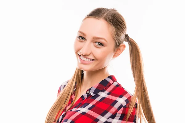 Cute schoolgirl with bunches posing on white background — Stock Photo, Image