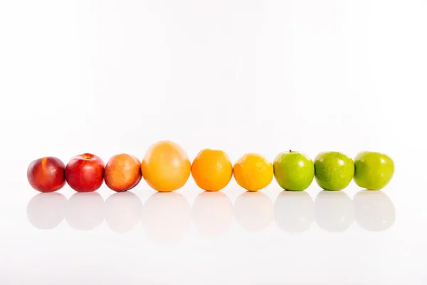 Цветные фрукты, стоящие в ряд на белом изолированном фоне . — стоковое фото