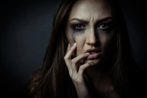 Close up photo of sorrow sad girl touching her face — Stock Photo, Image