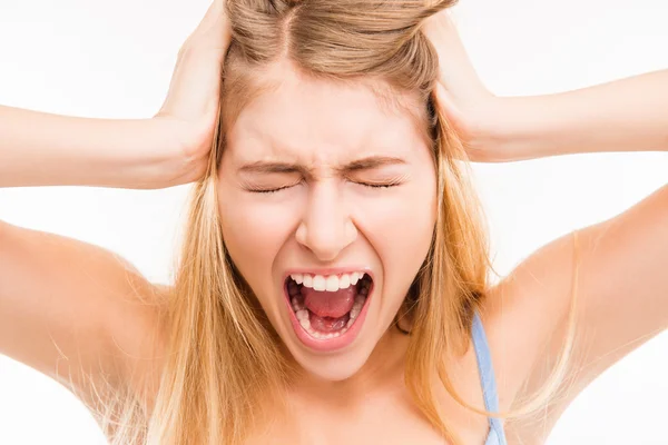 Close up portrait of angry woman with closed eyes and ears — Stock Photo, Image