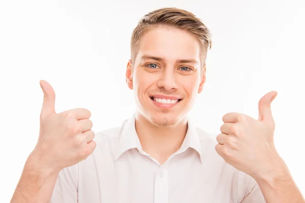 Portrait of young cheerful businessman gesturing "LIKE" with two — Stock Photo, Image