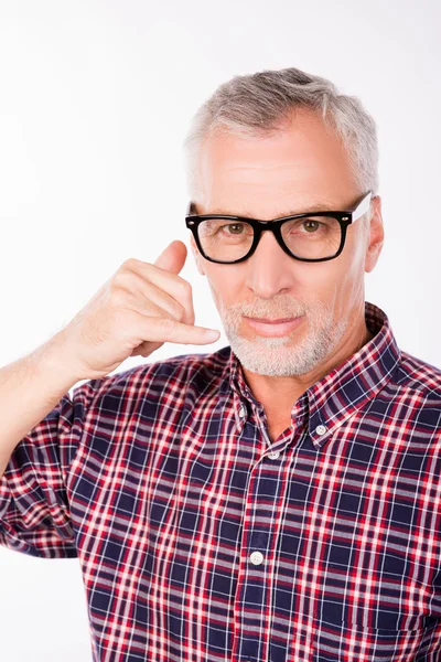 Gray aged man with glasses asking to call him — Stock Photo, Image