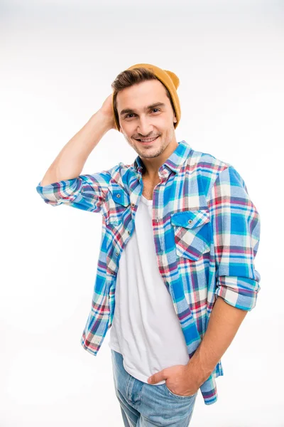 Portrait of cute handsome man in hipster hat — Stock Photo, Image