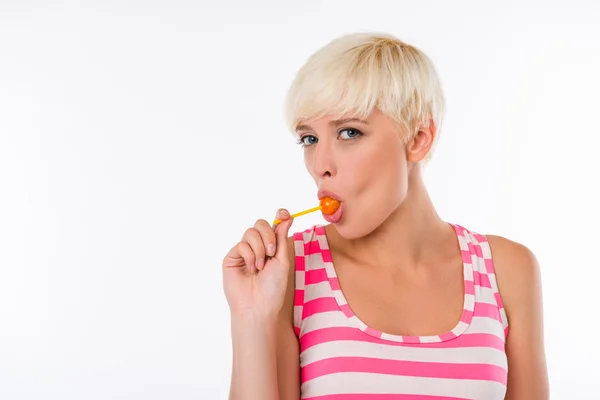 Portrait of pretty sexy girl licking lollipop — Stock Photo, Image