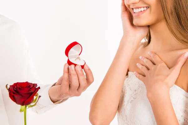 Close up photo of making proposal of marrige to happy girlfriend — Stock Photo, Image