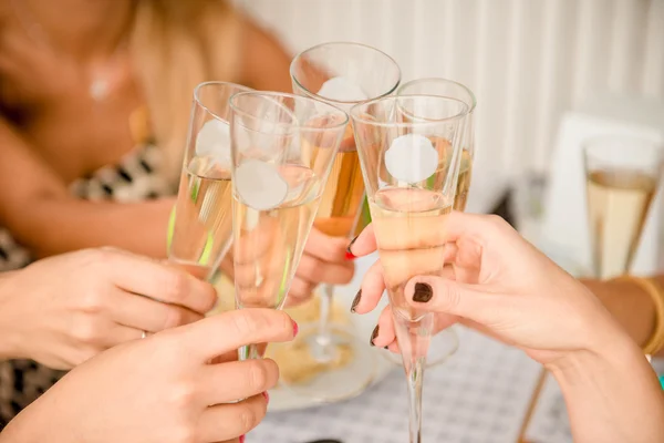 Cheers! Close up photo of women clinking  glasses — Stock Photo, Image