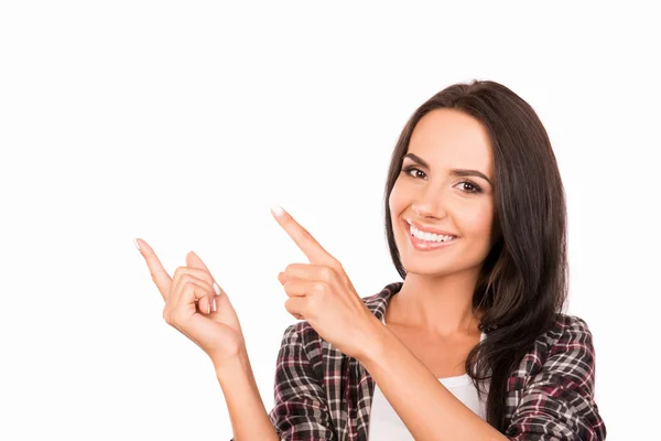 Close up photo of smiling attractive girl gesturing with fingers — Stock Photo, Image