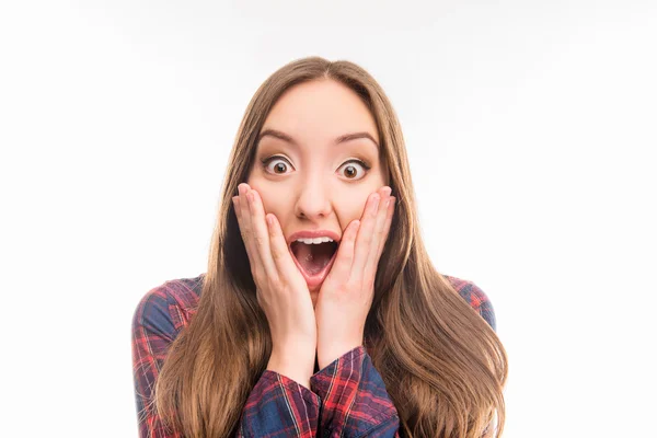 Sorpresa donna felice messo la mano al viso e bocca aperta — Foto Stock