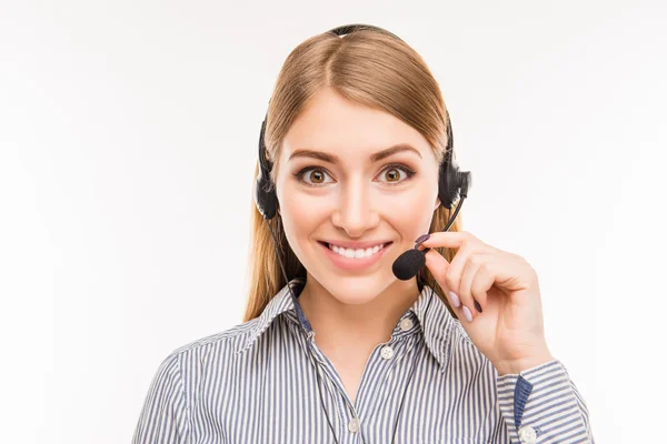 Close up portrait of young cheerful agent of call centre Royalty Free Stock Images