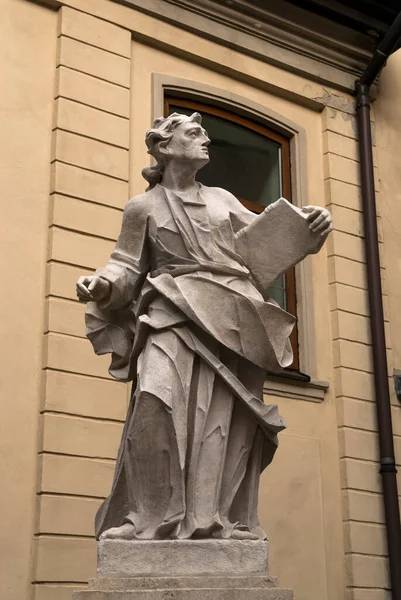 Monument Standbeeld Achtergrond Van Kerk Lviv — Stockfoto